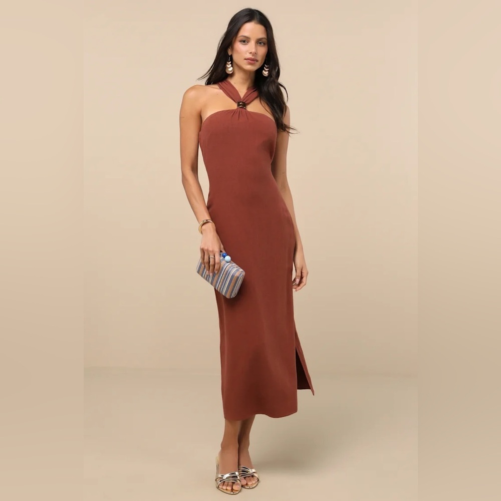 Lulus Calessia Rust Brown Linen Halter Neck Midi Dress